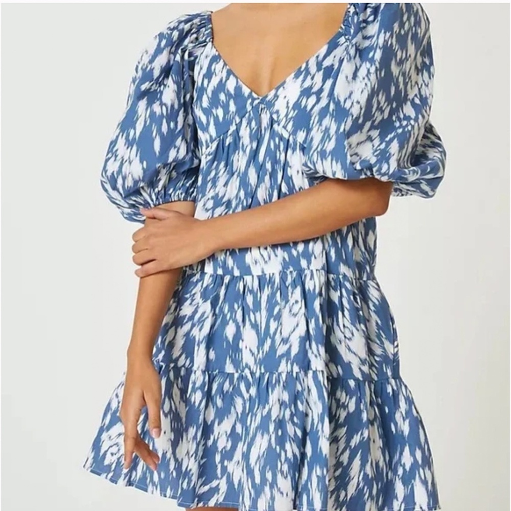 Blue Ikat Puff-Sleeve Mini Dress